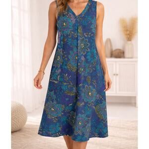 Coldwater Creek 100% Cotton Dress Teal Purple Floral Pockets Midi Size XL